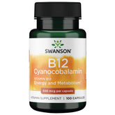 Bottle of Swanson Vitamin B-12 (Cyanocobalamin) 500 mcg 100 capsules