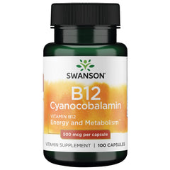 Bottle of Swanson Vitamin B-12 (Cyanocobalamin) 500 mcg 100 capsules