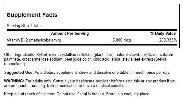 Close-up of B-12 methylcobalamin label on bottle