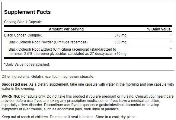 Close-up of Swanson Black Cohosh product label showing standardized 2.5% triterpene glycosides