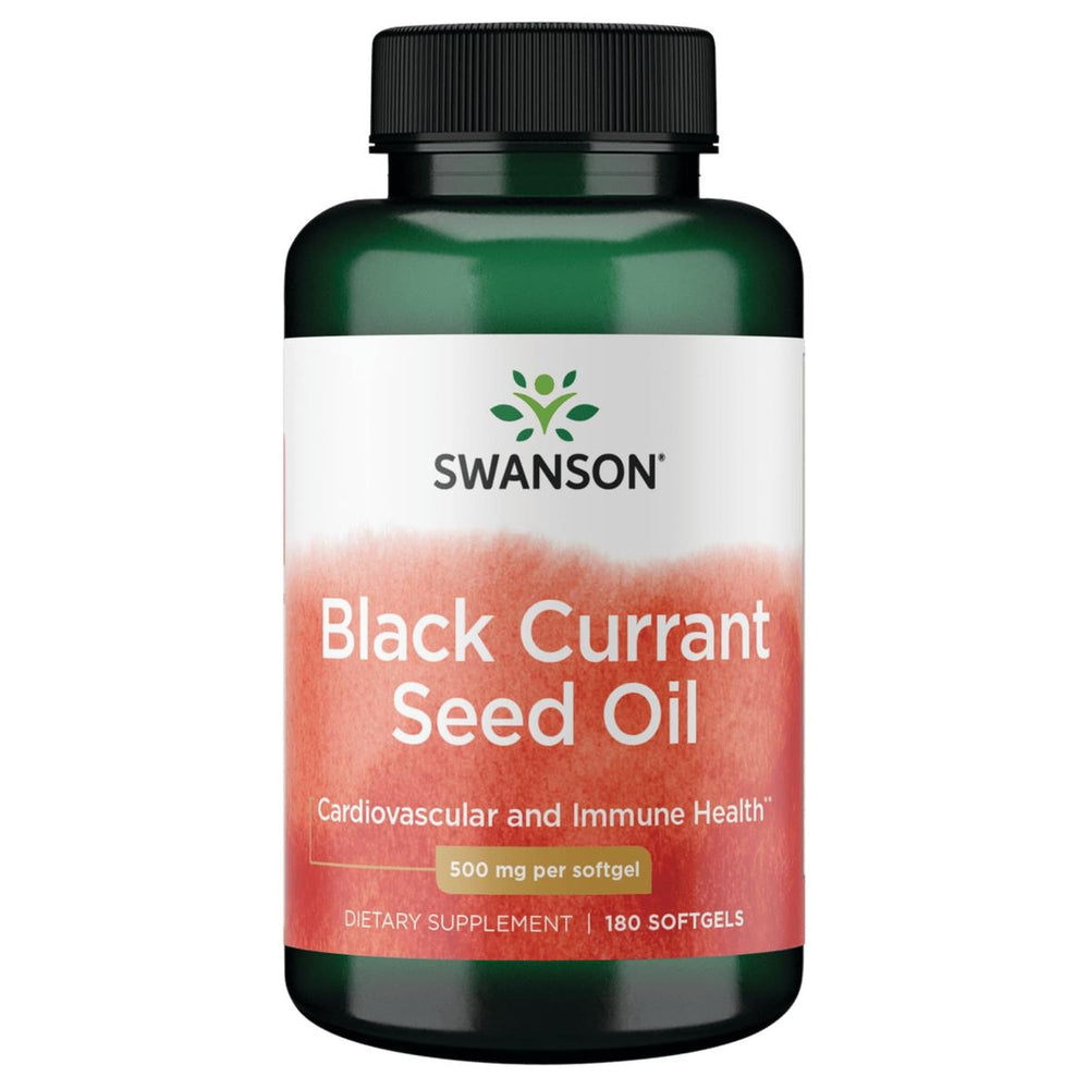 Swanson Black Currant Seed Oil bottle image highlighting immune and heart support