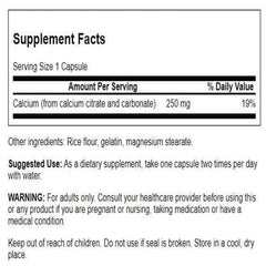Supplement facts panel showing 325 mg calcium citrate and 175 mg calcium carbonate per 2 capsules