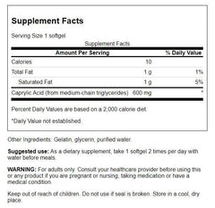 Close up of Swanson Caprylic Acid 600 mg bottle label
