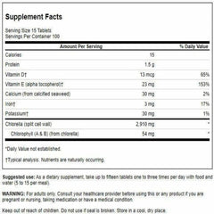 Close-up of chlorella tablets showing 194 mg potency
