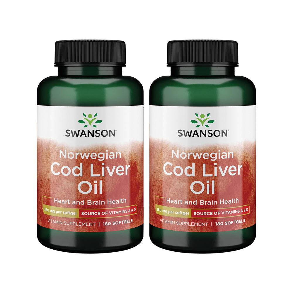 Swanson Cod Liver Oil bottle with 180 softgels, 350mg each, 2-pack