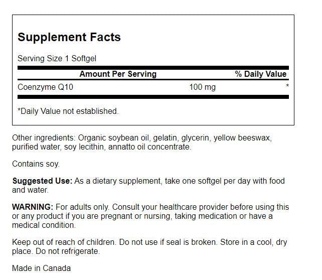 Back label with dosage and supplement facts for Swanson CoQ10