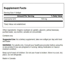 Back label with dosage and supplement facts for Swanson CoQ10
