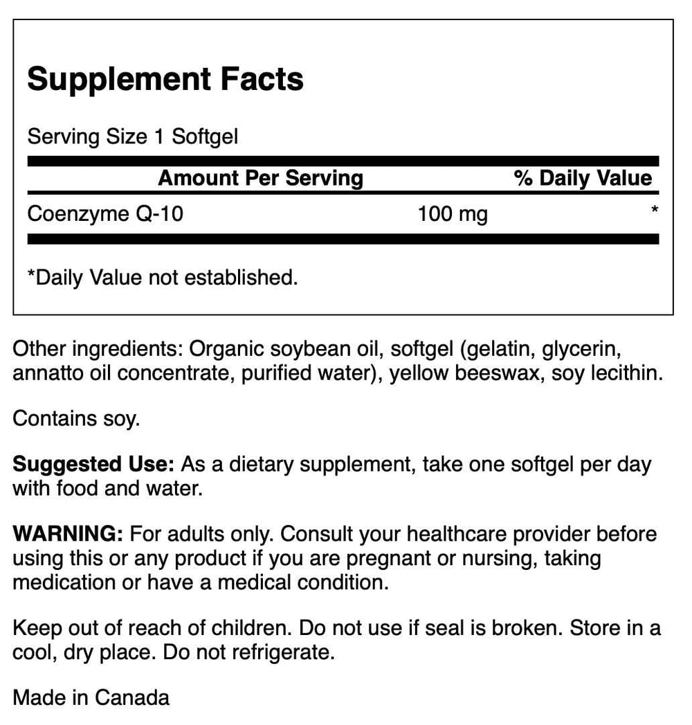Close-up of Swanson CoQ10 100 mg softgels label