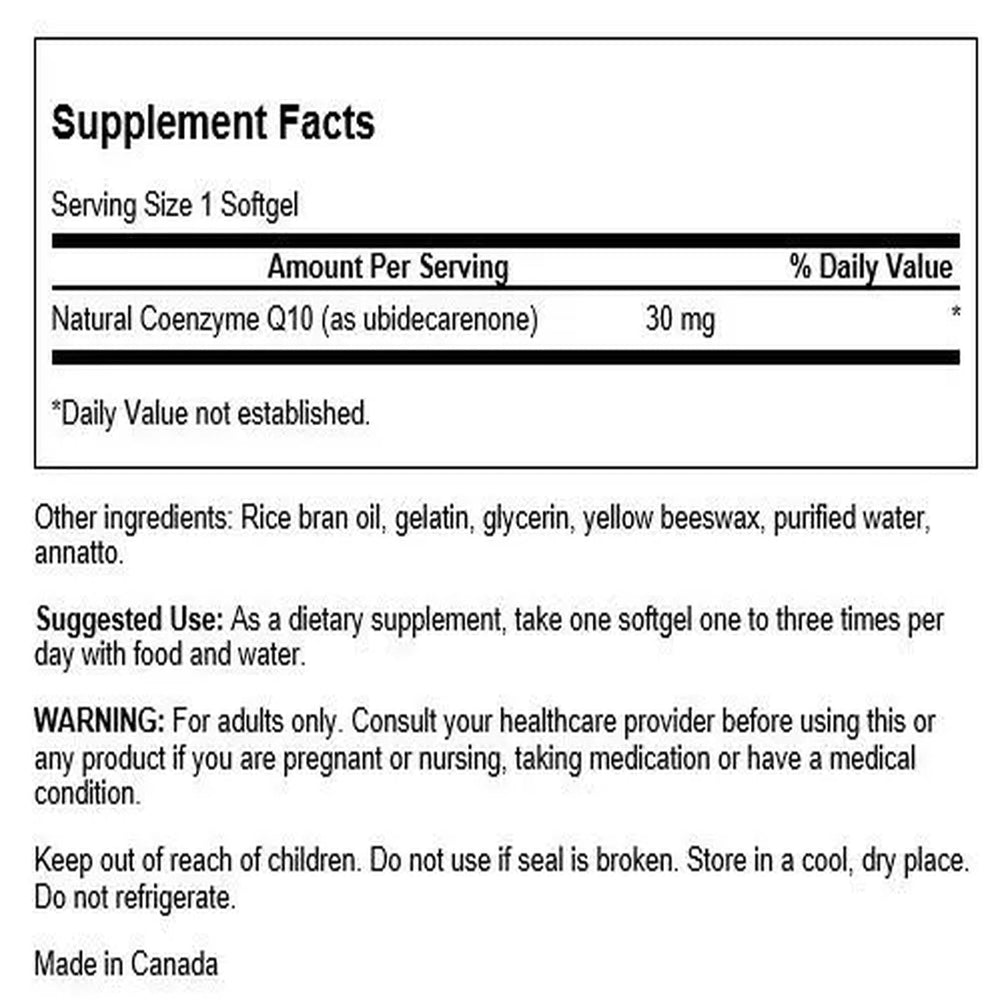 CoQ10 30 mg label close-up on bottle