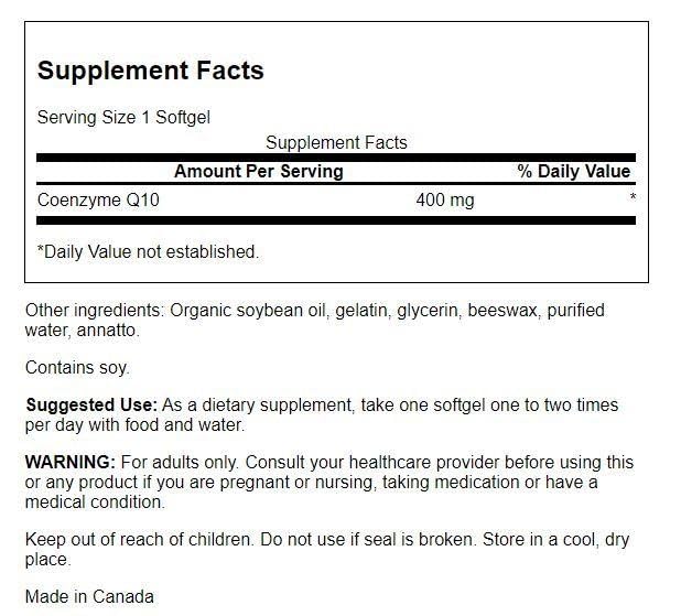 Swanson CoQ10 bottle back label with ingredients and dosage information