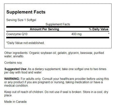 Swanson CoQ10 bottle back label with ingredients and dosage information