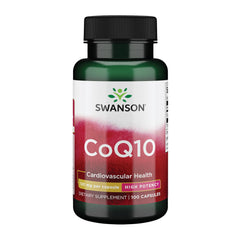 Swanson CoQ10 bottle with 100 capsules, 120 mg each
