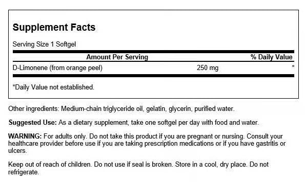 Close-up of Swanson D-Limonene Orange Peel Extract bottle label