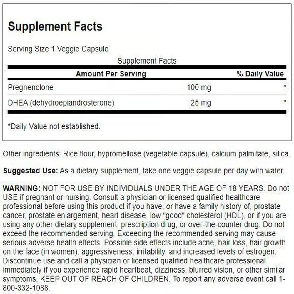 Close-up of Swanson DHEA and Pregnenolone Complex bottle