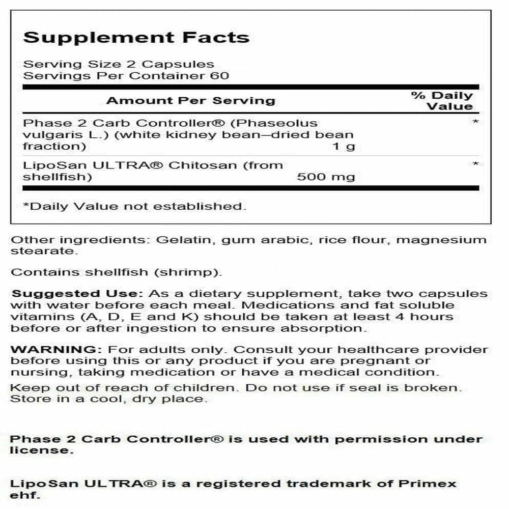 Swanson Diet Duo label close-up showing Phase 2 starch blocker and chitosan features