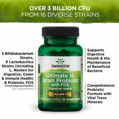 Graphic illustrating 16 probiotic strains with prebiotic FOS