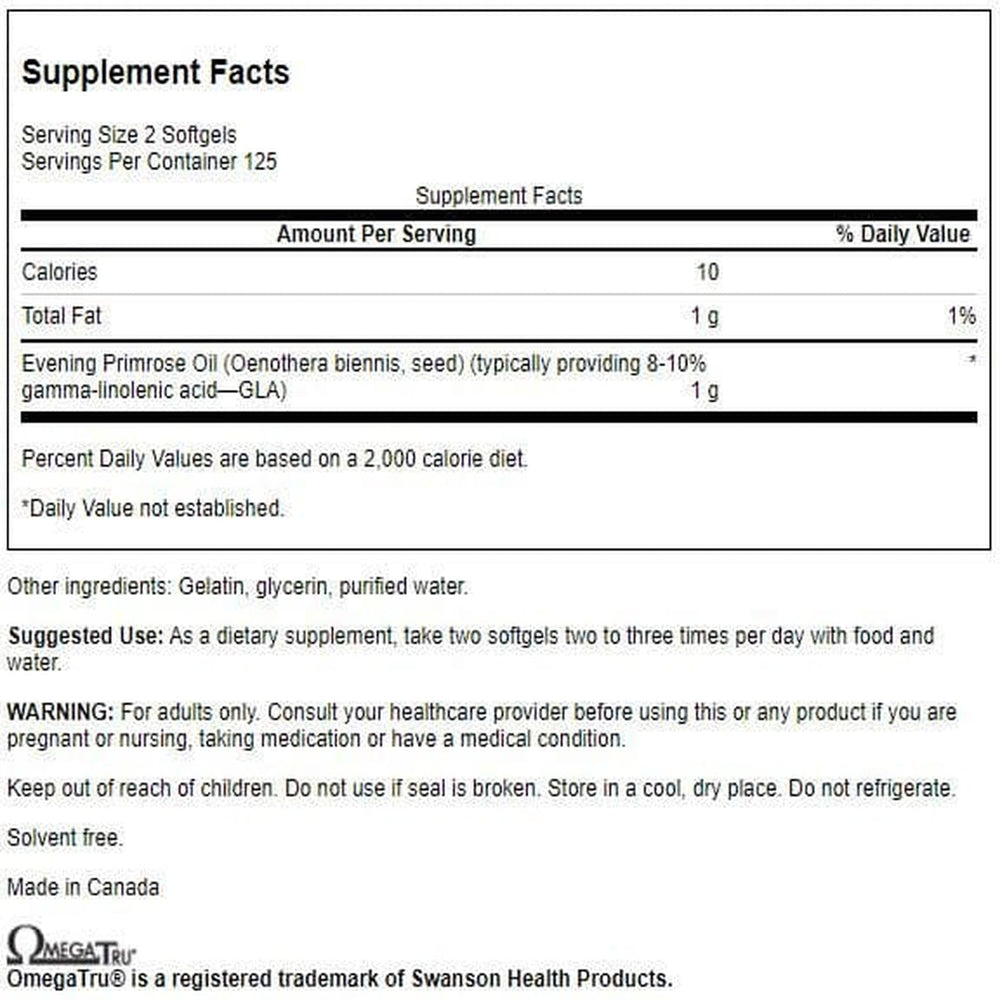 Closeup of Swanson Evening Primrose Oil bottle and softgels
