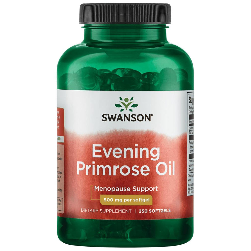 Bottle of Swanson Evening Primrose Oil Omegatru 500 mg 250 softgels front view