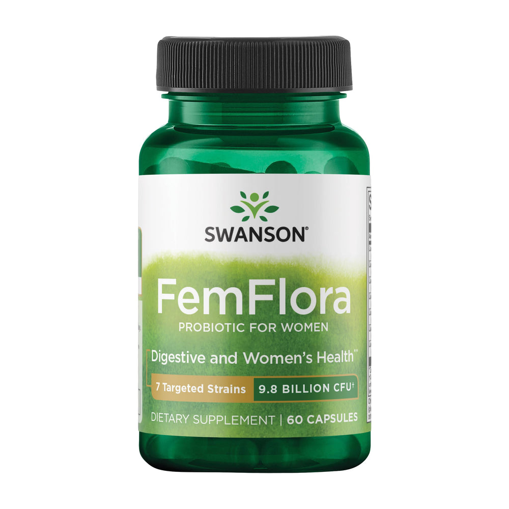 Swanson FemFlora bottle closeup highlighting 9B CFU per capsule for balanced microbiome
