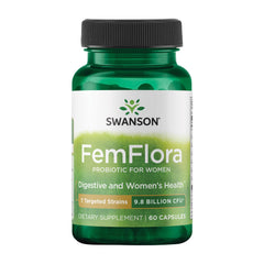 Swanson FemFlora bottle closeup highlighting 9B CFU per capsule for balanced microbiome