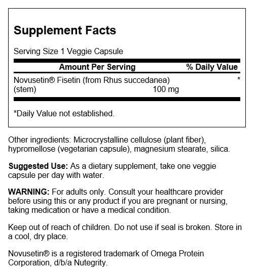 Close-up of Swanson Fisetin label highlighting Novusetin extract