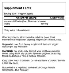 Close-up of Swanson Fisetin label highlighting Novusetin extract