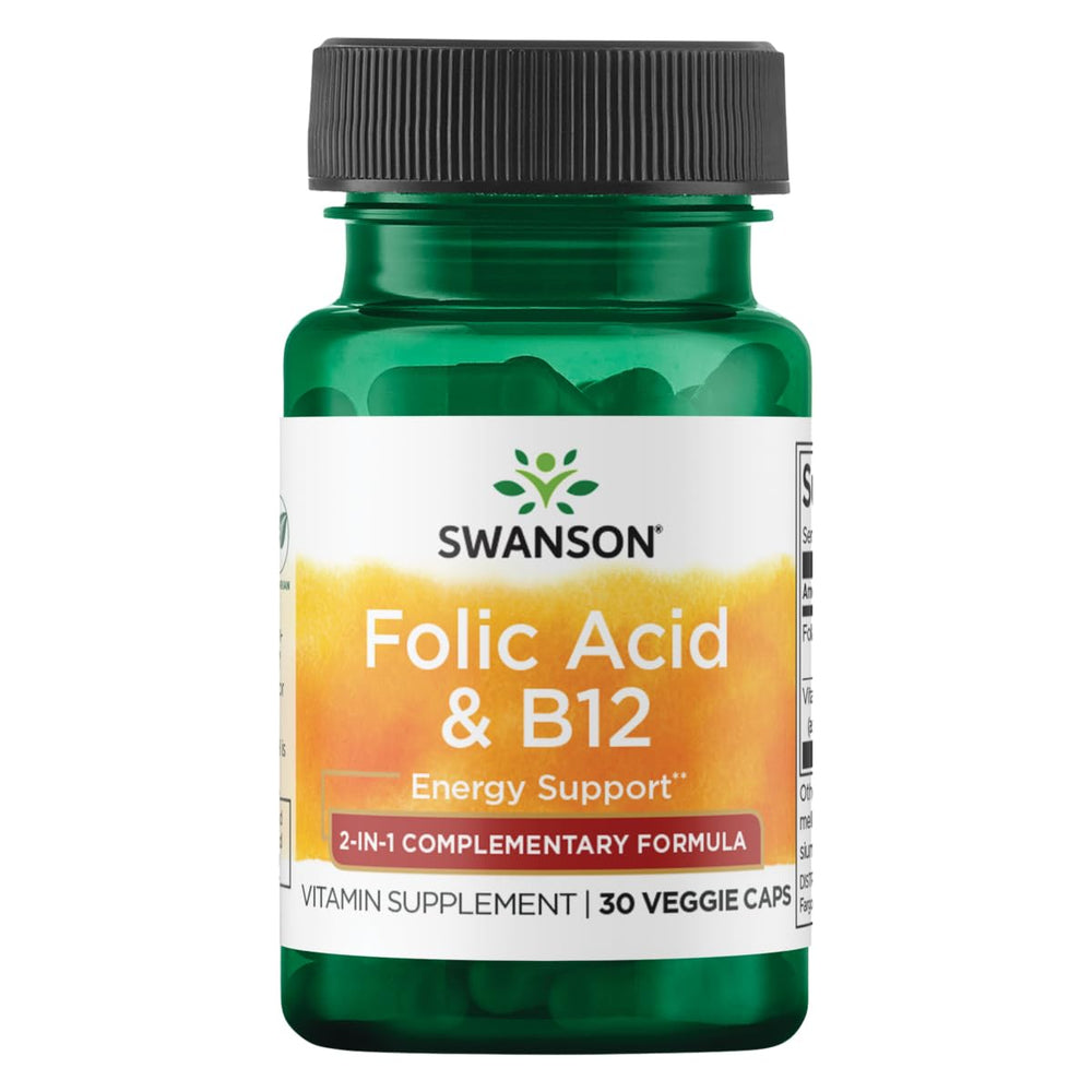Swanson Folic Acid & Vitamin B-12 30 Veg Capsules bottle – front view