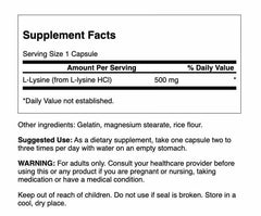 Close-up of Swanson L-Lysine 500 mg capsules