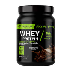 Swanson Full Potential Whey Protein Chocolate tub label highlighting Velositol feature