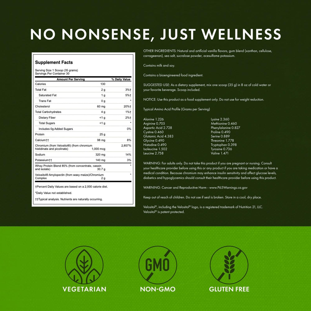 Nutrition facts panel of Swanson Full Potential Whey Protein Vanilla