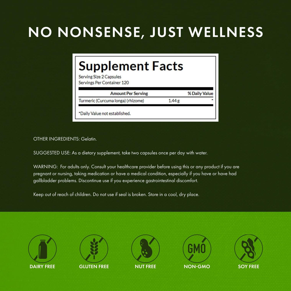 Back label with ingredients on Swanson Turmeric bottle