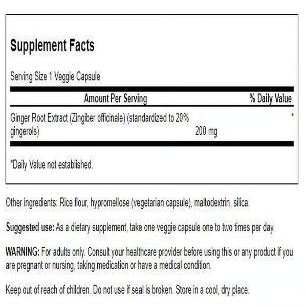 Product label for Swanson Ginger Root Extract 200 mg 60 Veg Capsules