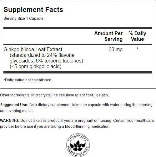 Label on Swanson Ginkgo Biloba Extract bottle showing 24% Ginkgo Biloba extract and 60 mg per capsule