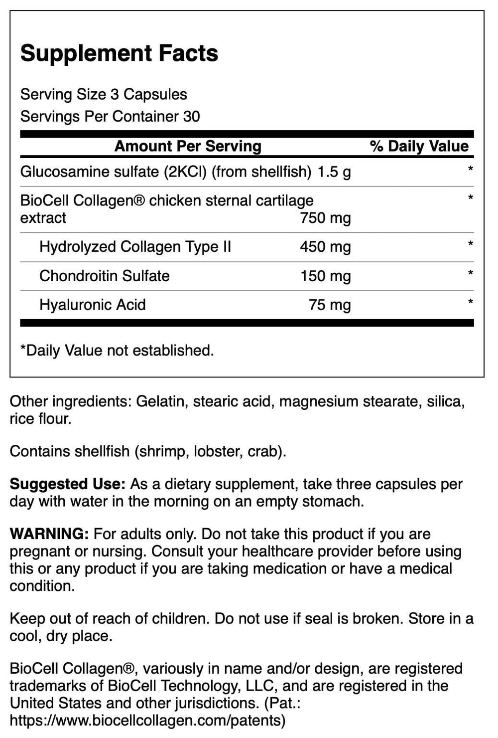 Label image showing 1.5 g glucosamine sulfate and 750 mg BioCell Collagen per serving