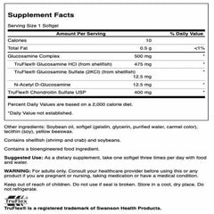 Close-up of Swanson glucosamine and chondroitin softgel capsules