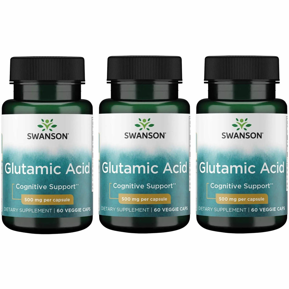 Front view of Swanson Glutamic Acid 500 mg 3-pack bottle
