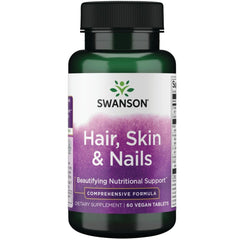 Swanson Hair Skin and Nails bottle with capsules for daily beauty maintenance.