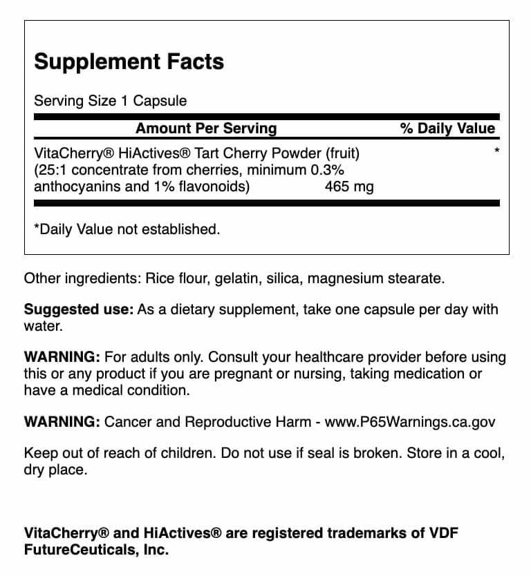 Close-up of Tart Cherry capsules showing 465mg each