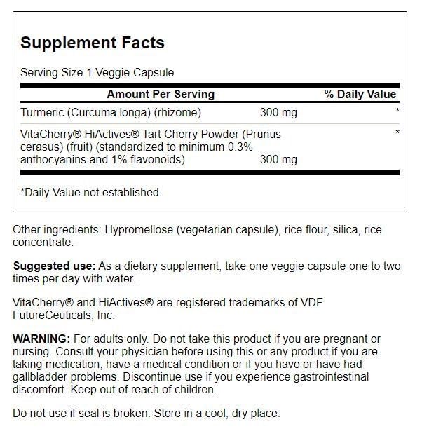Close-up of Swanson Hiactives Tart Cherry & Turmeric 60 Veg Capsules bottle label