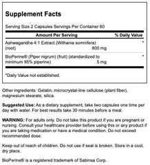 Close-up of Swanson Ashwagandha bottle label highlighting Bioperine and 120 caps