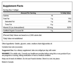 Close-up of Swanson Vitamin D-3 with Coconut softgels showing 125 mcg dose