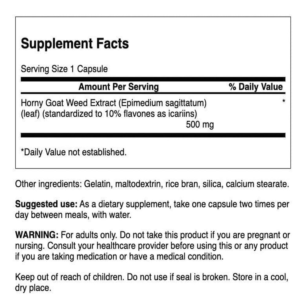 Close-up label showing 1% total icariins on Swanson Horny Goat Weed Extract