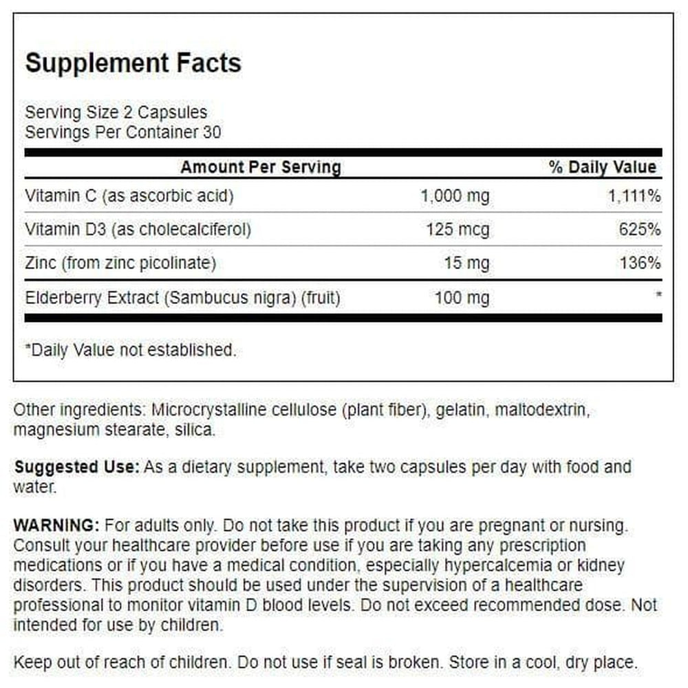 Close-up of product label featuring vitamins C, D, zinc and elderberry