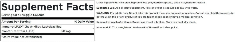 Bottle of Swanson Immunobiotic Immuno-Lp20 50 mg 30 vegetarian capsules with label