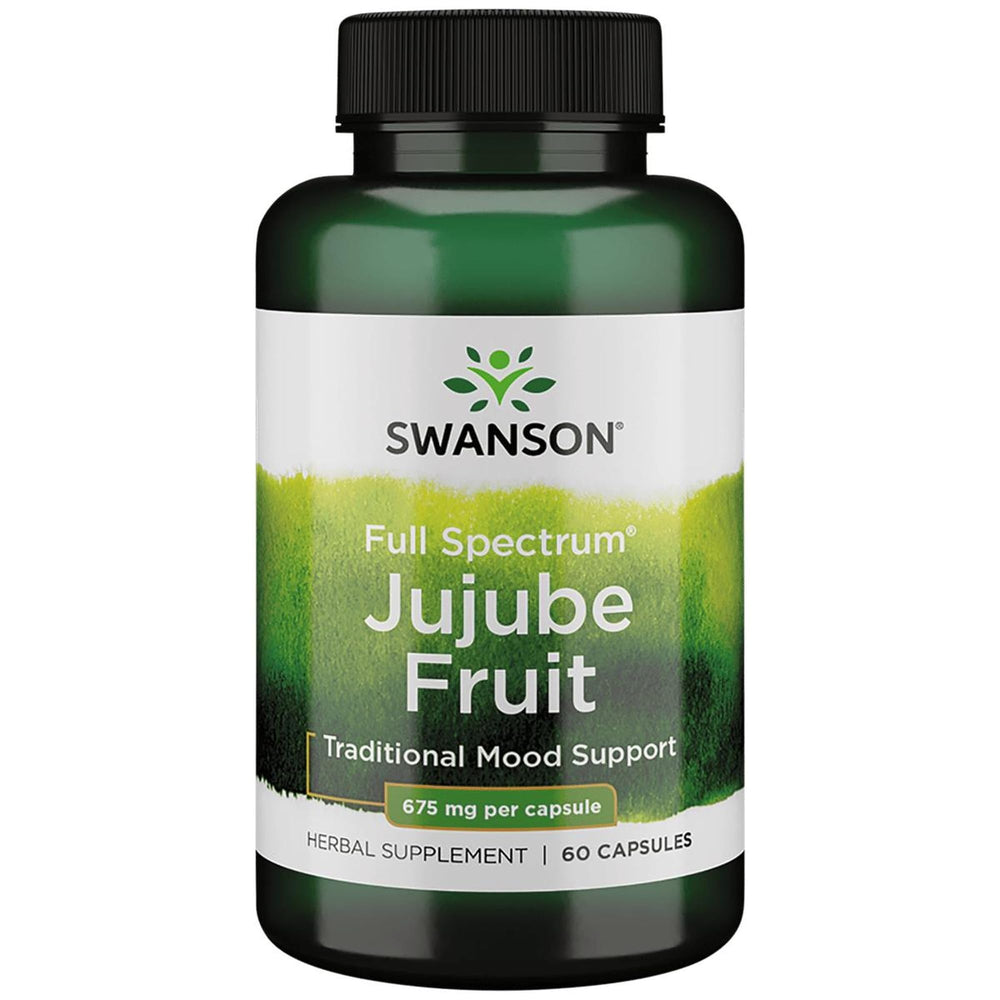 Swanson Jujube Fruit capsules bottle close-up for calm mind support.