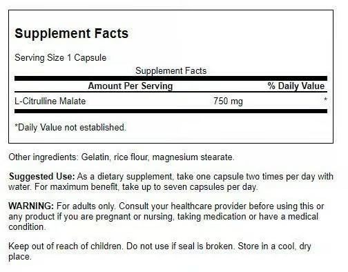 Swanson L-Citrulline Malate capsules close-up showing 750 mg dose
