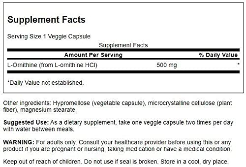 Swanson L-Ornithine 500 mg bottle side label detailing ingredients