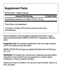 Close-up of Lactobacillus plantarum capsules showing 10 billion CFUs