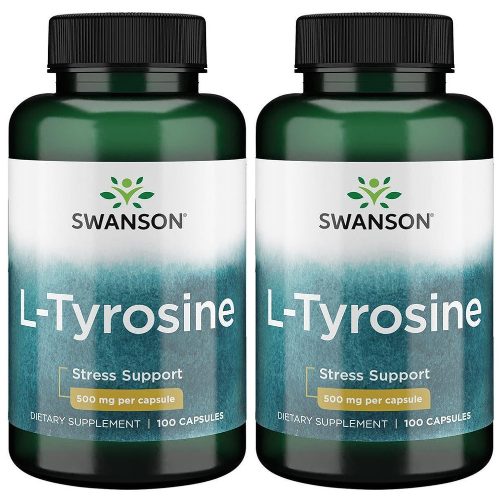 Swanson L-Tyrosine supplement bottle, 100 capsules, 500mg each, 2-pack