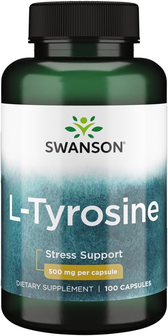 Swanson L-Tyrosine capsules close-up, 500 mg per capsule for daily brain support